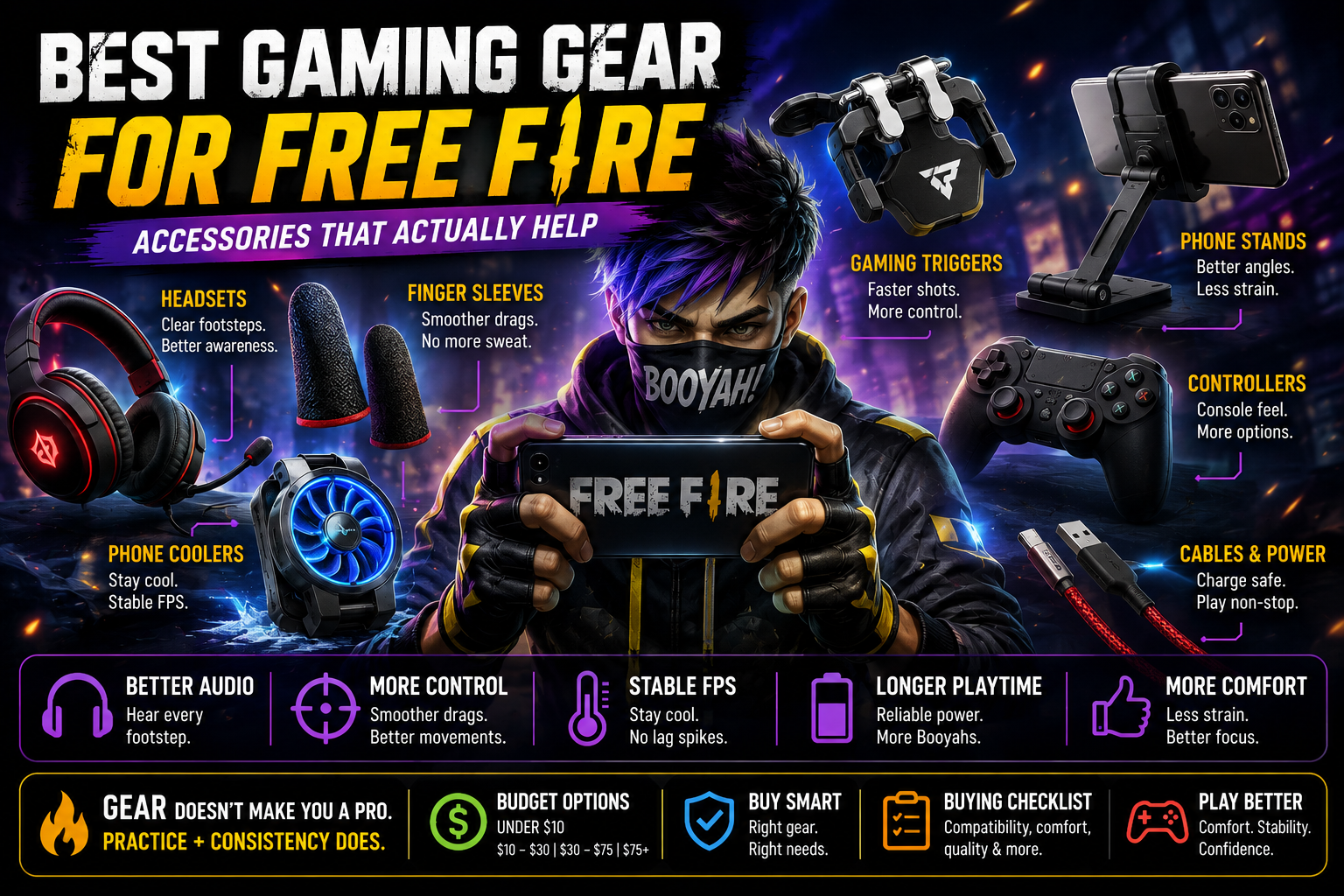 Best gaming gear for Free Fire including headsets, finger sleeves and phone coolers