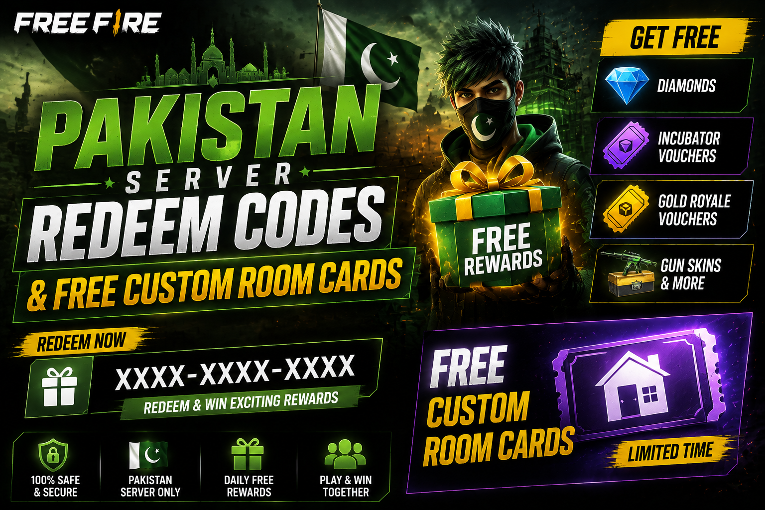 Free Fire Pakistan server redeem codes and free custom room cards guide