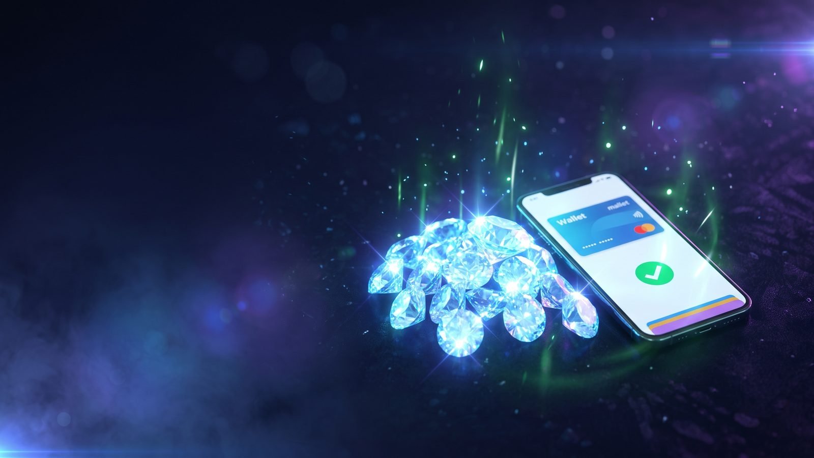 Free Fire diamond top-up in Pakistan – diamonds next to a phone showing a successful wallet payment