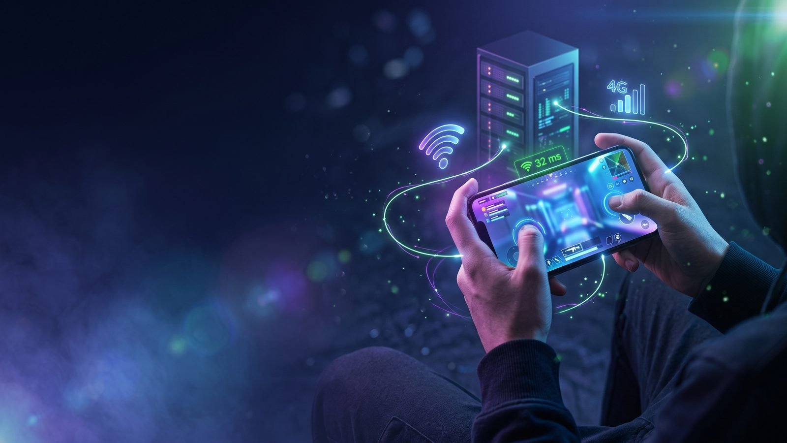 Free Fire Pakistan low ping settings – phone showing 32 ms ping connected to a game server